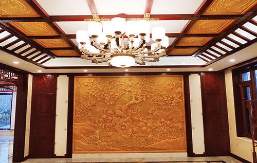 乐亭中式别墅客厅中式木作横梁吊顶装饰展示